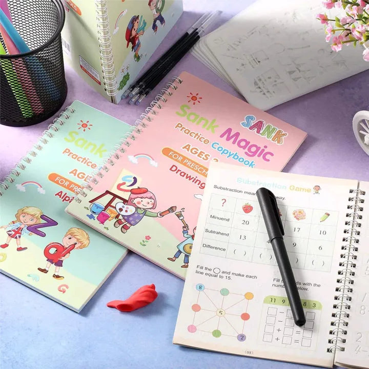 Sank Magic Practice Copy book (4 Books + Magic Pen & 10 Ink Refills)